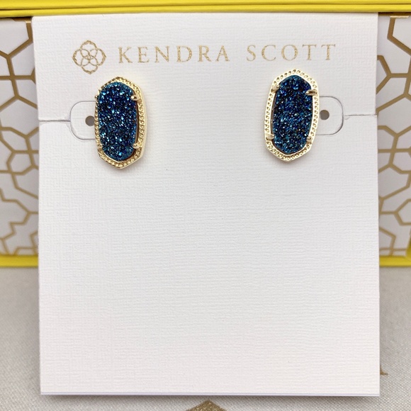 Gold NWT Kendra Scott Ellie Stud Earrings In Dark Blue Drusy